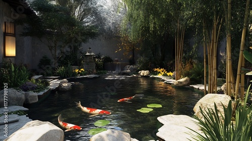 Tranquil garden design koi pond bamboo features and Zenlandscaping set in a serene environment photo