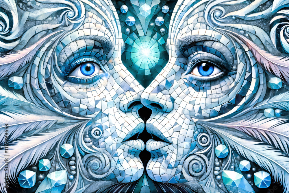 Naklejka premium A mosaic-style artwork of two faces merging, featuring vibrant blue eyes, feathers, crystals, and swirling patterns in an intricate and ethereal design.