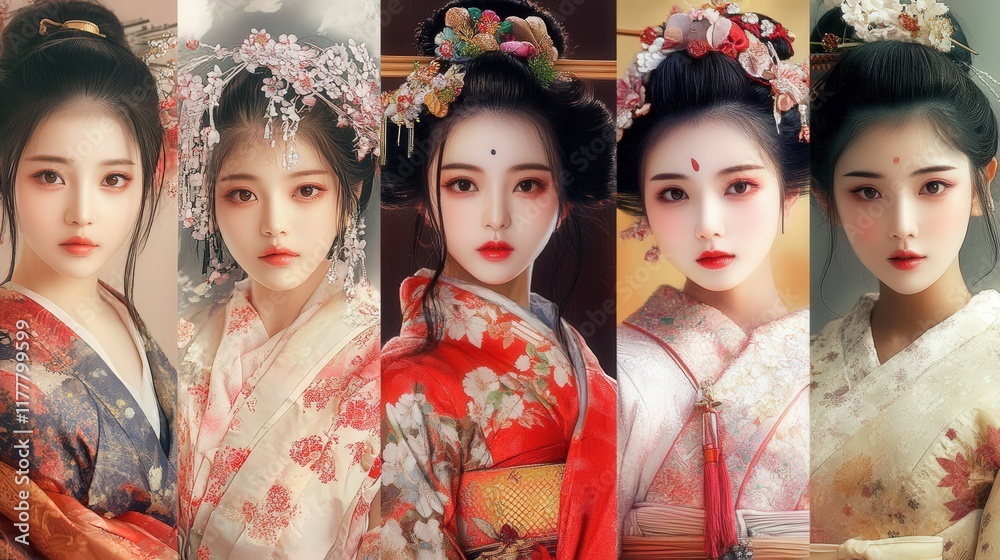 Obraz premium Elegant portraits of women in traditional attire from different Asian cultures showcasing beauty and grace. Generative AI