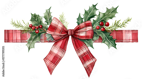  Christmas bow with holly and mistletoe, red plaid ribbon, watercolor clipart PNG with a white background