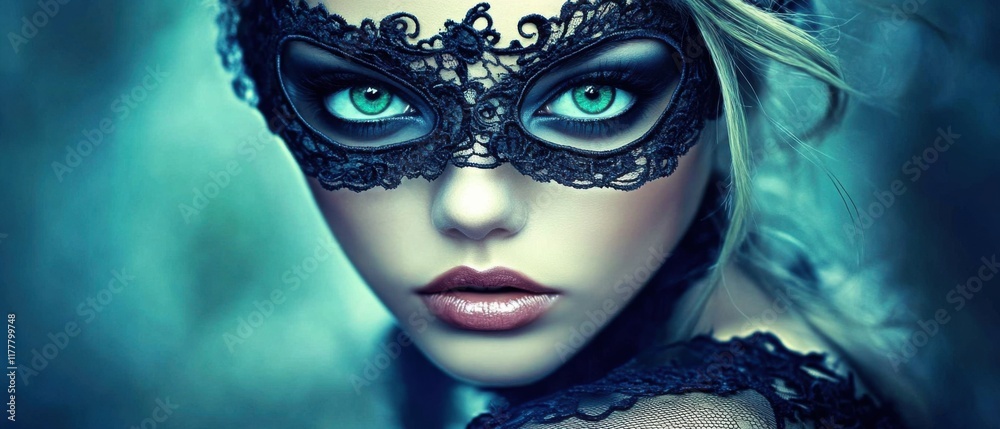Mysterious Woman with Intricate Lace Mask, Enigmatic Gaze and Teal Background Mysterious Woman with Intricate Lace Mask, Enigmatic Gaze and Teal Background