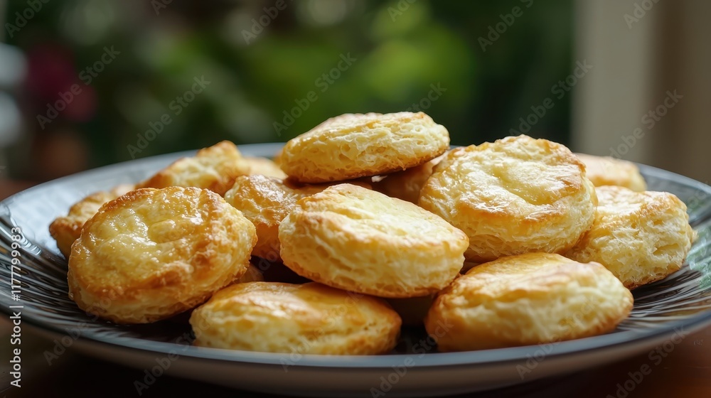 Freshly Baked Golden Buttery Biscuits on a Plate with Flaky Texture and Appetizing Appearance Freshly Baked Golden Buttery Biscuits on a Plate with Flaky Texture and Appetizing Appearance