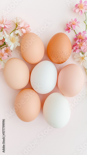 Pastel colored eggs with pink and white flowers on light background