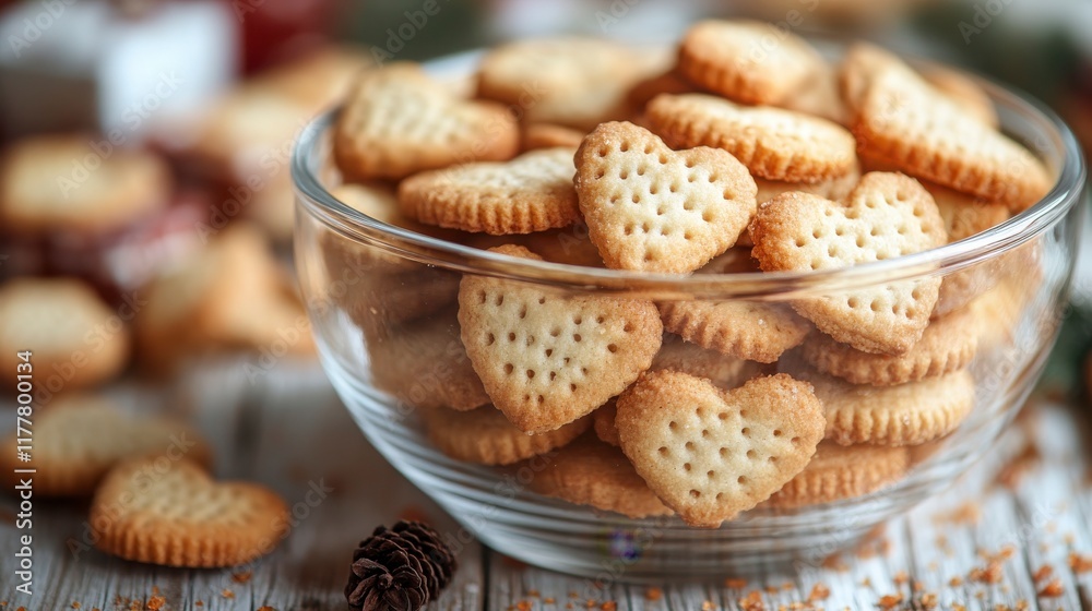 Freshly Baked Heart-Shaped Cookies in a Glass Bowl Surrounded by Seasonal Decorations and Natural Elements Perfect for Holidays and Celebrations Freshly Baked Heart-Shaped Cookies in a Glass Bowl Surrounded by Seasonal Decorations and Natural Elements Perfect for Holidays and Celebrations