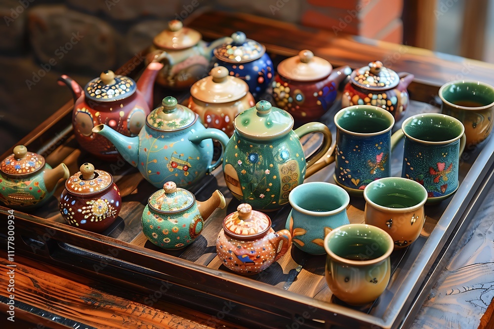 A display of colorful, hand-painted ceramic teapots and matching cups, arranged on a wooden tray. A display of colorful, hand-painted ceramic teapots and matching cups, arranged on a wooden tray.