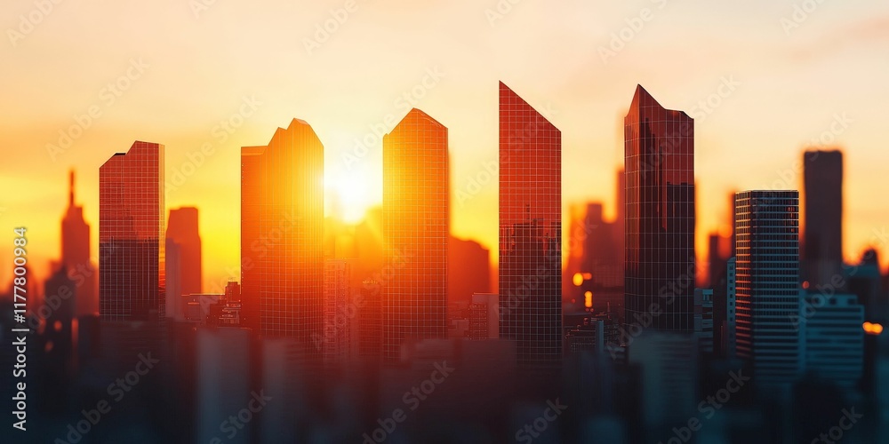 Fototapeta premium economic and windfall concept. City skyline during sunset with modern skyscrapers silhouetted against a vibrant sky.