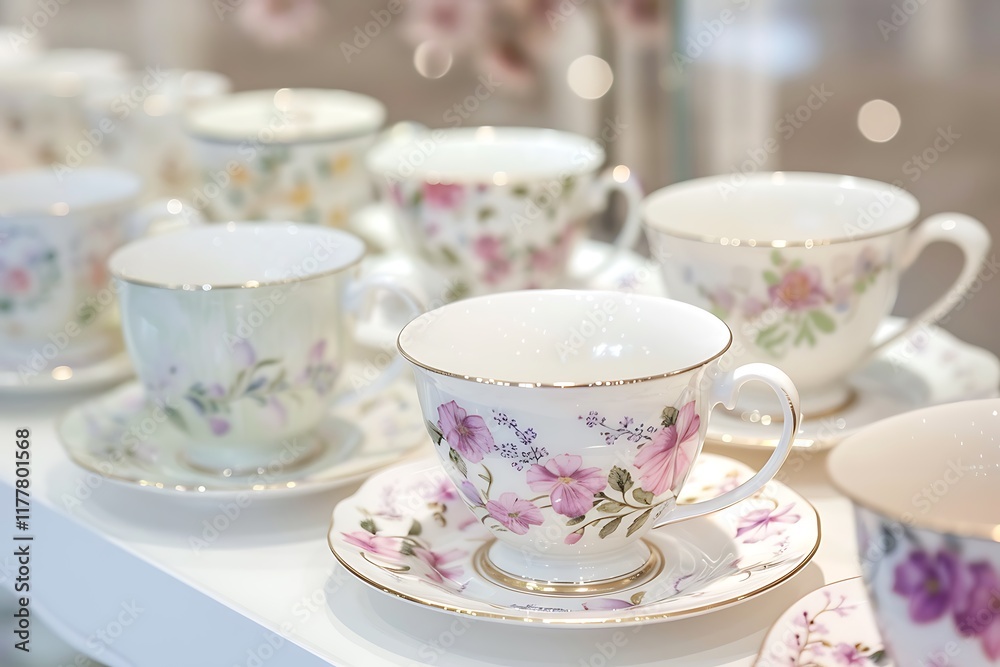 A display of elegant bone china tea cups and saucers with delicate floral patterns A display of elegant bone china tea cups and saucers with delicate floral patterns