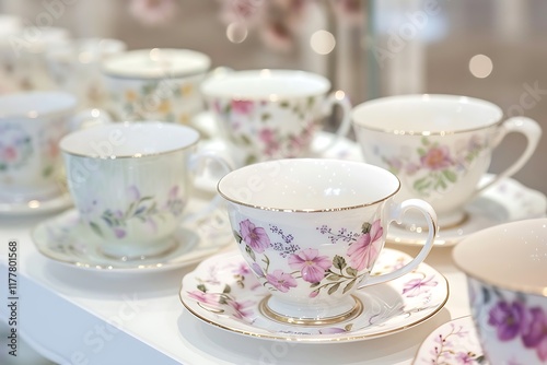 A display of elegant bone china tea cups and saucers with delicate floral patterns