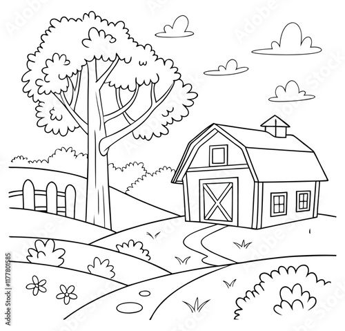 Farm house, barn house coloring page for kids. Summer landscape vector illustration
