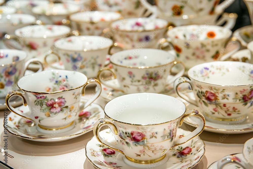 A display of elegant bone china tea cups and saucers with delicate floral patterns A display of elegant bone china tea cups and saucers with delicate floral patterns
