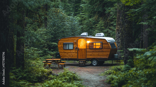 Fototapeta Naklejka Na Ścianę i Meble -  Small wooden travel trailer motorhome cottage hut cabin house in green forest wilderness nature exterior view. outdoor summer tourism adventure, countryside journey.