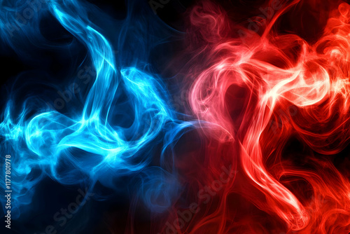 A captivating blend of red and blue smoke swirling in the air, forming an abstract work of art.