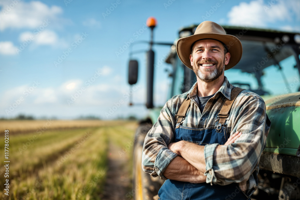 Fototapeta premium Happy Farmer Standing Proudly in a Field with a Tractor Behind