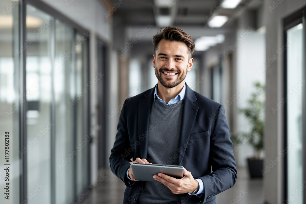 © Pixel Focus AI - Confident young professional dressed smartly, smiling and holding a tablet, standing in a modern office hallway with natural lighting, representing leadership and innovation in a business environment. © Pixel Focus AI - Confident young professional dressed smartly, smiling and holding a tablet, standing in a modern office hallway with natural lighting, representing leadership and innovation in a business environment.