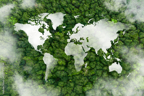 Fototapeta Naklejka Na Ścianę i Meble -  Sustainable habitat world concept. Distant aerial view of a dense rainforest vegetation with lakes in a shape of world continents, clouds and one small yellow airplane. 3d rendering.
