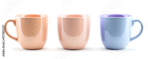Three blank coffee cups in peach, sky blue, and violet hues, perfectly isolated on a bright white backdrop for mockup purposes.