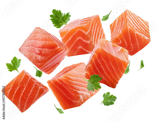 falling salmon cubes isolated on white background, cutout photo