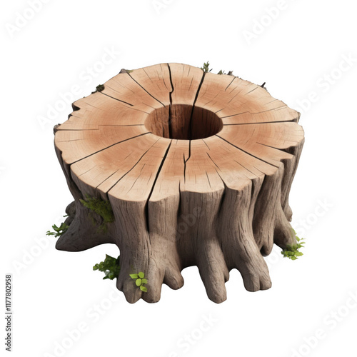 Rustic Wooden Tree Stump Showcasing Natural Textured Rings, Cracked Details, and Moss Accents, Ideal for Natural Decor Themes, on a Transparent Background