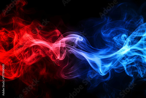 Red and blue smoke gently curling in the air, creating a mesmerizing composition with flowing movement.