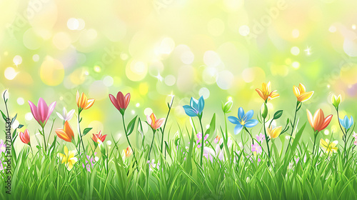Soft, blurred spring background with colorful flowers and sunlight