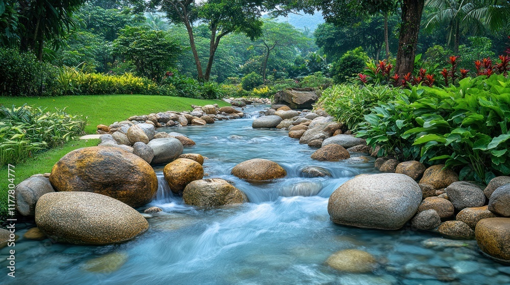 Small stream flowing through a lush green garden. Small stream flowing through a lush green garden.
