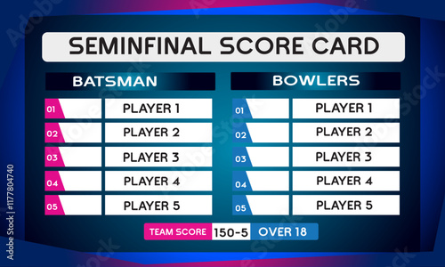 Cricket semi final scorecard game leaderboard with abstract background vector
