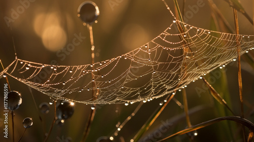 Close-up of dewdrops on a spiderweb in golden morning light, intricate details