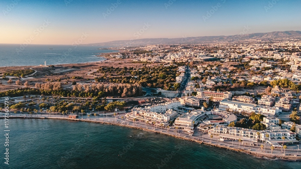 Obraz premium Aerial view of Paphos coastline and cityscape.