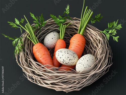 Nest crafted from carrots cradling speckled eggs in a vibrant display for Easter.  photo