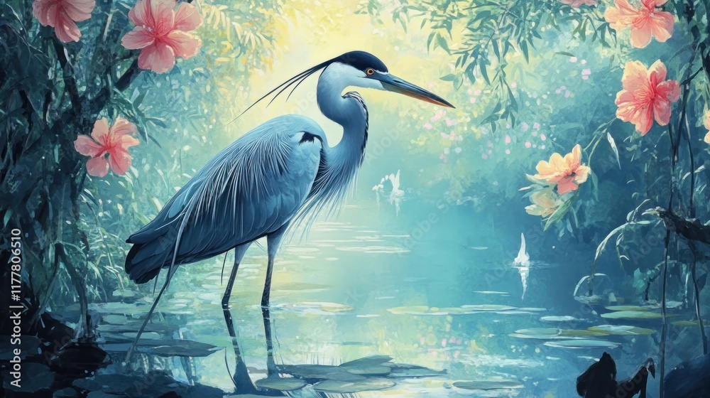 Naklejka premium Serene Heron in a Tranquil Oasis: A Masterpiece of Avian Beauty