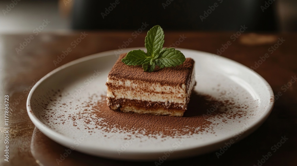 A slice of tiramisu dusted with cocoa powder, served on a white plate with a sprig of mint. A slice of tiramisu dusted with cocoa powder, served on a white plate with a sprig of mint.