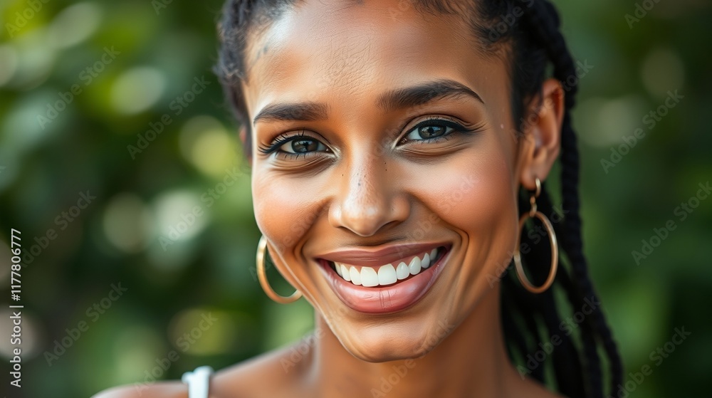 Portrait of a Joyful Young Woman with Dreadlocks and Radiant Smile in a Natural Outdoor Setting Portrait of a Joyful Young Woman with Dreadlocks and Radiant Smile in a Natural Outdoor Setting