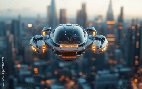 Futuristic Flying Vehicle Soars Above the Cityscape - A Glimpse into the Future of Urban Transportation , aerial drone photo series photo