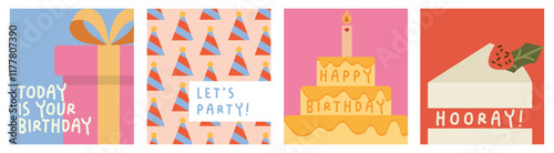Set of cute birthday cards design with cake, gifts and party decorations. Vector templates great for poster, Invitations, banner, flyer