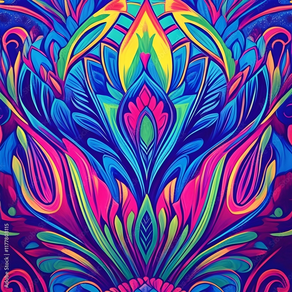 Vibrant abstract symmetrical pattern with neon and floral-inspired shapes Vibrant abstract symmetrical pattern with neon and floral-inspired shapes