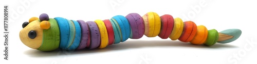 A vibrant baby rattle shaped like a caterpillar with multicolored segments photo