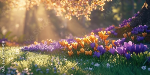Colorful crocuses bloom in a sunlit spring garden filled with vibrant life. for Valentine's Day. Generative AI