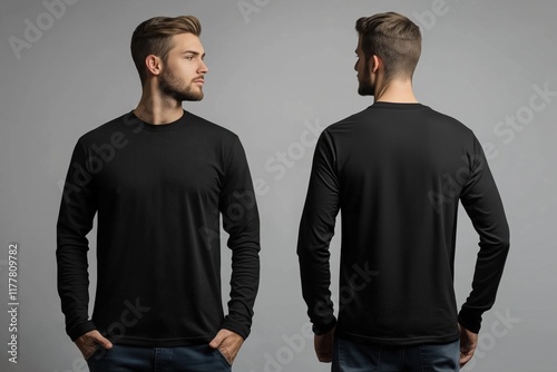 A young man wearing a black long sleeve T-shirt mockup, viewed from the front and back. The background is neutral, highlighting the shirt's design.