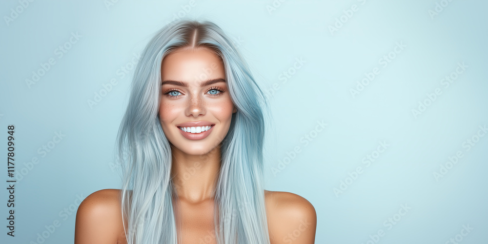 Fototapeta premium Young adult with stunning blue hair and bright smile posing against a light backdrop, showcasing fitness and beauty