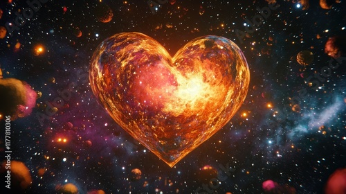 Journey through the cosmos in a realm with a glowing heart-shaped planet. for Valentine's Day.