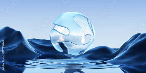 3d render of surreal panoramic background. Abstract minimal wallpaper of fantastic landscape with glass eroded sphere, hills and reflection in the water.