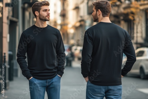 A stylish young man stands on a city street, wearing a black long sleeve T-shirt mockup and blue jeans. He is facing forward and slightly turned to the side, showcasing a casual urban look.