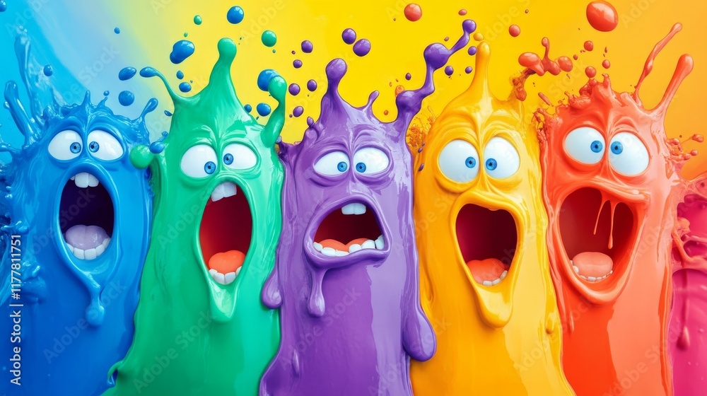 Obraz premium Colorful paint characters screaming in surprise and disbelief