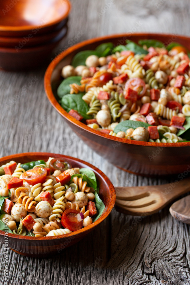 Italian Pepperoni Pasta and Spinach Salad with fresh mozzarella, tomatoes and chickpeas Italian Pepperoni Pasta and Spinach Salad with fresh mozzarella, tomatoes and chickpeas