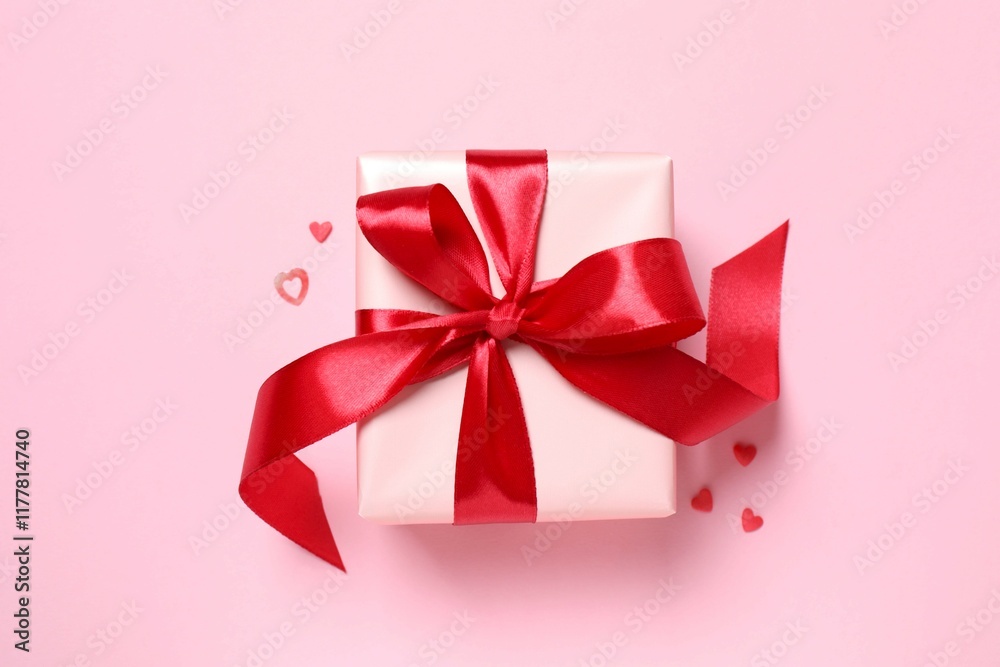 Beautiful gift boxes with red hearts and paper card on color background Beautiful gift boxes with red hearts and paper card on color background