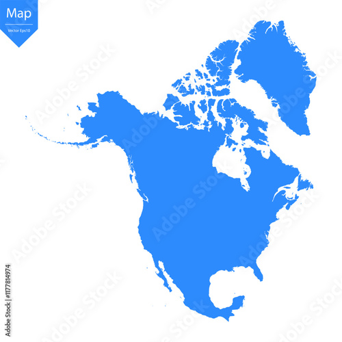 Blue map of North America isolated on white background. Vector illustration eps10.	
