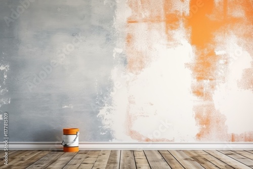 Paint bucket on wooden floor in empty room with half painted orange wall photo