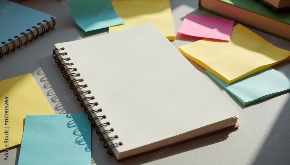 Notebook mockup on tidy desk, surrounded by scattered sticky notes, spiral binding and vibrant hues highlighted by lighting Notebook mockup on tidy desk, surrounded by scattered sticky notes, spiral binding and vibrant hues highlighted by lighting