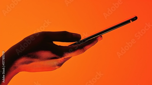 A hand gracefully holds a smartphone against a vibrant orange backdrop, embodying modern connection.