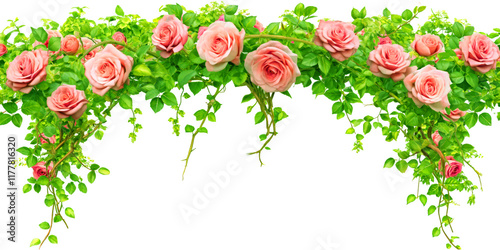 A decorative green arch adorned with leaves and flowers, perfect for weddings or garden events. Green Ivy decoration